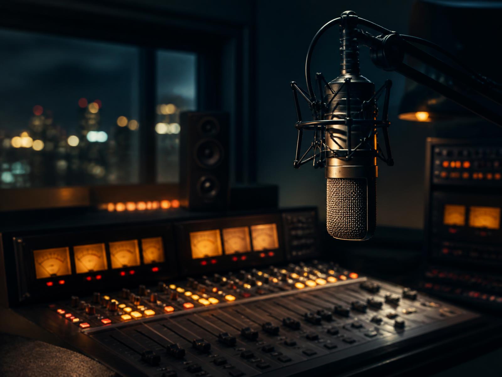 Broadcast studio microphone and mixing console lit in amber